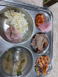 밥, 햄, 오리고기