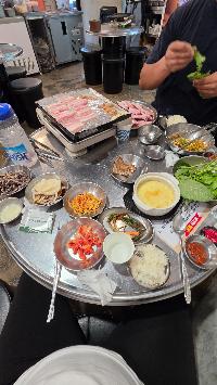 구운 삼겹살, 흰 쌀밥, 계란찜